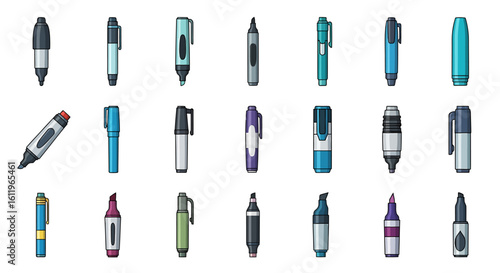 Vector Icons Set of Vector icon set of colorful marker pens and highlighters Flat cartoon style illustration of various writing tools. EPS Editable