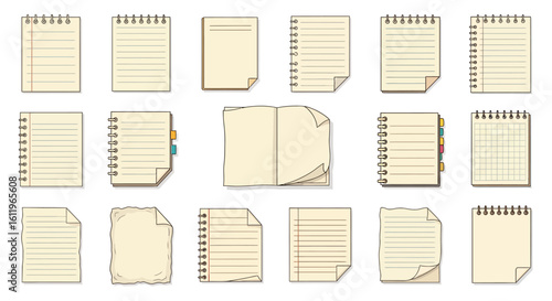 Vector Icons Set of Vector illustration set of various notebook paper sheets including lined blank and gridded pages with spiral bindings and torn edges. EPS Editable