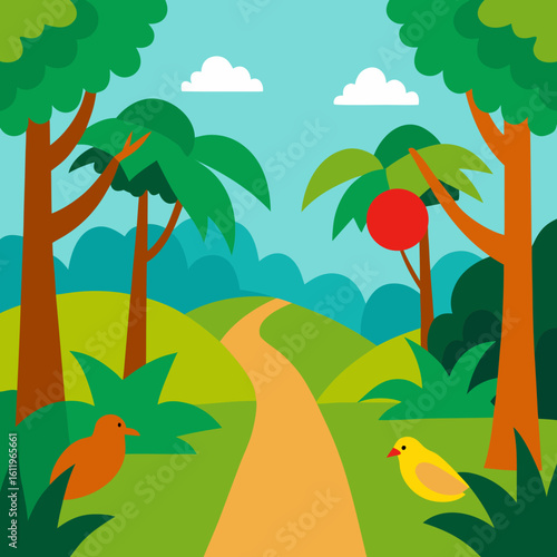 tropical island with palms and birds