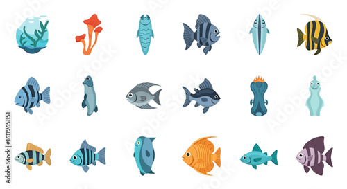 Vector Icons Set of Vibrant collection of stylized cartoon sea life featuring diverse fish species and aquatic plants. EPS Editable