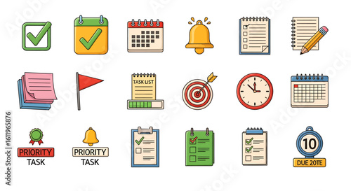 Vector Icons Set of Vibrant collection of task management and productivity icons in a flat cartoon style featuring checklists calendars and goal symbols. EPS Editable