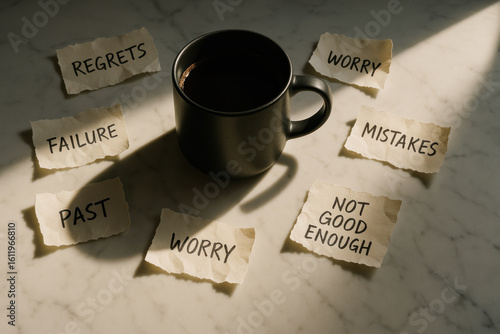 Black coffee mug surrounded by handwritten notes expressing negative thoughts, symbolizing inner struggles, overthinking, and emotional moments in coffee culture.
