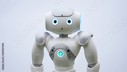 Close up of a White Nao Robot with Blue Eyes and Chest Light
