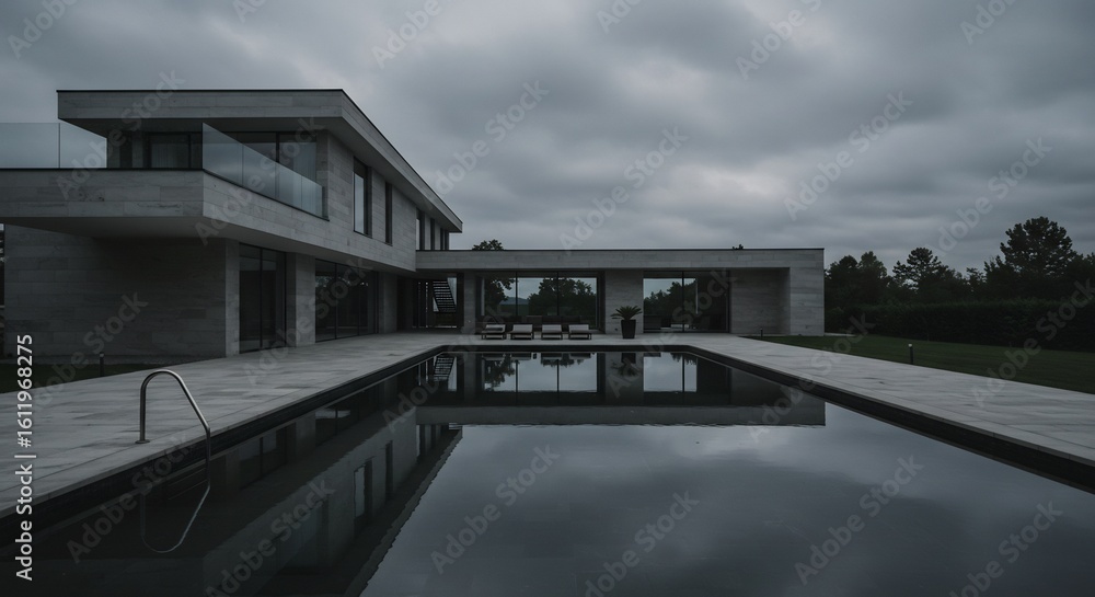 Fototapeta premium Modern Luxury Home with Pool and Cloudy Sky