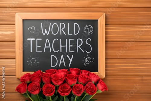 Blackboard with World Teachers Day message and red roses
