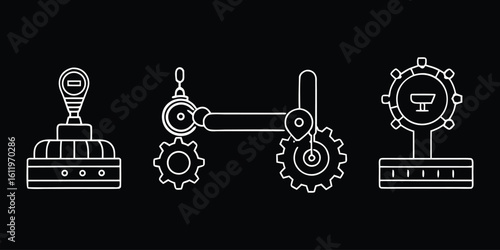 Vector art of white line drawing of three mechanical devices and gears on a black background.