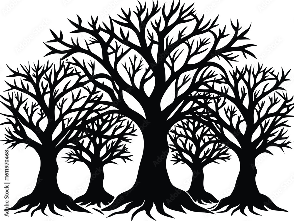 Obraz premium Silhouette of a cluster of bare trees with intricate branches