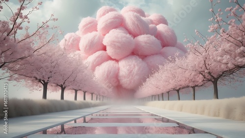 Whimsical pink cotton candy cloud floating above a dreamy cherry blossom lined path