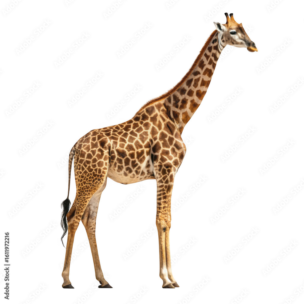 Fototapeta premium A giraffe standing tall on a plain transparent background
