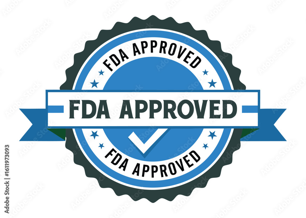 Obraz premium FDA approved blue and green circular stamp with bold border and ribbon icon 