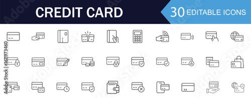 Credit card icon set in line style. This set features linear illustrations of credit card elements such as payment, wallet, security, contactless payment, and transaction. Editable stroke.