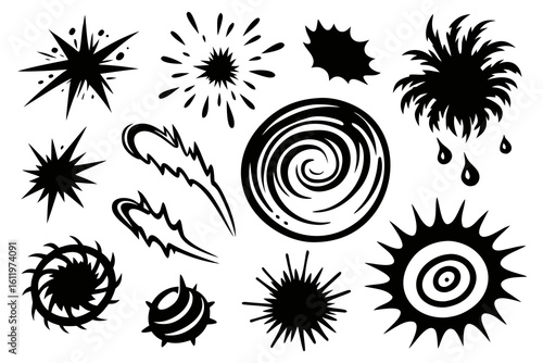 Dynamic burst effects and energetic explosions in bold black silhouettes perfect for adding impact to designs, comics, and action scenes.