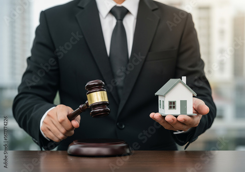Man holding house and gavel at real estate auction