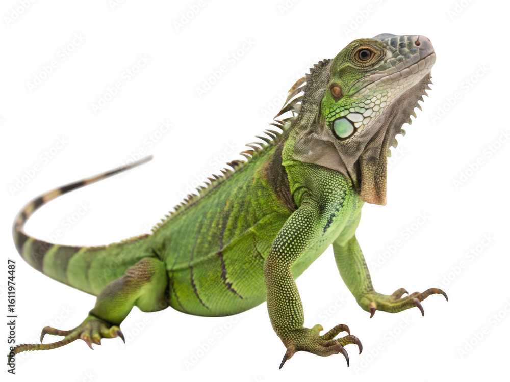 Fototapeta premium A green iguana lizard isolated on a transparent background