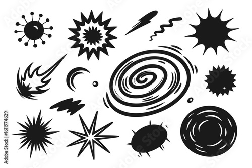 Dynamic collection of black graphic bursts and abstract shapes evoking energy, impact, and movement, perfect for adding visual flair to designs.
