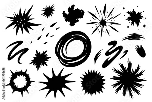 Dynamic collection of abstract splash shapes and explosion bursts in bold black, perfect for adding energy and impact to designs, conveying motion and excitement powerfully.