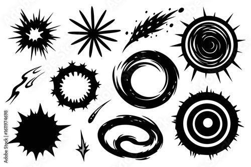 Dynamic abstract shapes and effects collection, perfect for adding explosive energy and modern flair to graphic designs and visual projects, capturing attention instantly