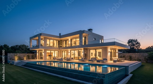 Modern Luxury House with Infinity Pool at Dusk