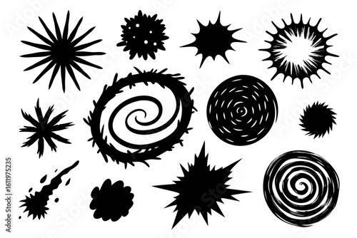 Dynamic collection of black abstract shapes and elements, perfect for adding a modern, edgy artistic flair to any design project seeking visual impact and unique stylistic accents