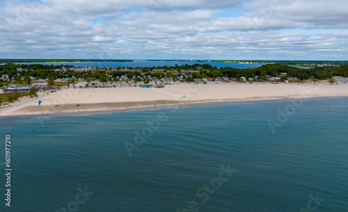 Aerial Drone View of Muskegon and Norton Shores Michigan Over Lake Michigan Coastline 2025