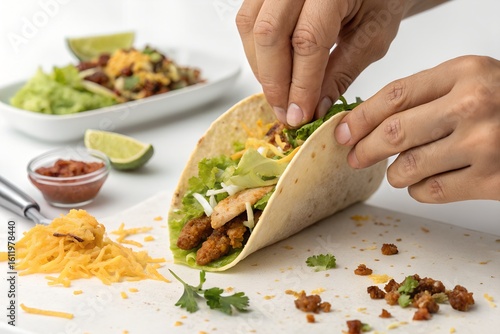 Hands assembling a chicken taco with shredded cheese and lettuce