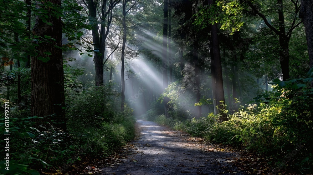 Naklejka premium Sunlight streams through dense trees casting shadows on a path.