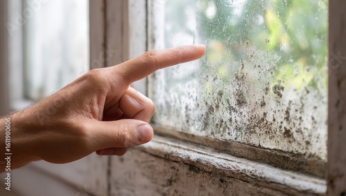 Person Pointing at Black Mold on Window Frame, Indicating Need for Home Cleaning and Mold Remediation