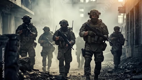A group of heavily armed soldiers in tactical gear advances through a smoke-filled, war-torn urban environment, showcasing bravery and determination in the face of adversity during a military