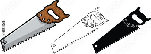 Illustrations of hand saws for woodworking projects and carpentry design elements