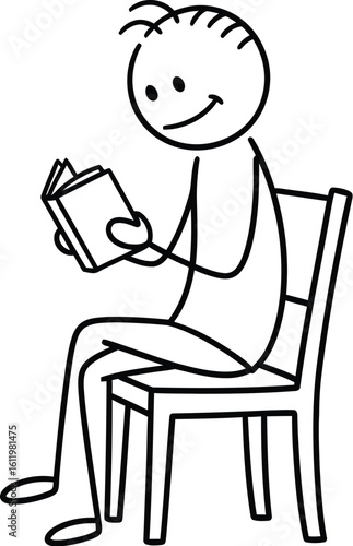 Stick figure reading book sitting on chair vector illustration drawing design