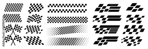 Racing Stripes and Checkered Flag Vector Set. Racing Banner Vectors speed Lines, checkered flag designs, racing stripe speed, decal patterns, dynamic lines, competition, automotive graphics design