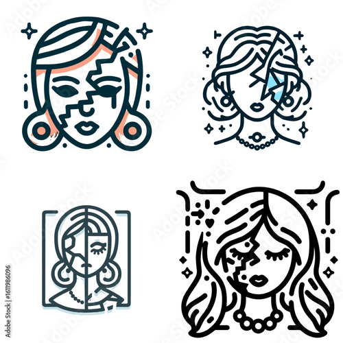 Stylized broken female faces in graphic design illustration  