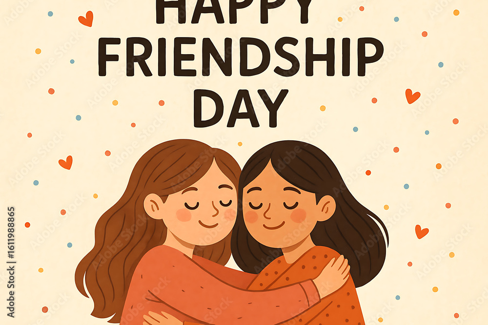 Friendship day greeting card featuring two girls hugging with warm smiles and a cozy illustrated background Friendship day greeting card featuring two girls hugging with warm smiles and a cozy illustrated background