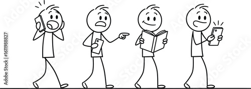 Stick figures using technology: phone call, reading book, smartphone addiction concept