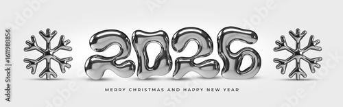 Merry Christmas and Happy New Year banner with 3d chrome liquid font and snowflakes. 2026 silver bubble lettering