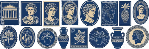 Collection of ancient greek roman ceramic art isolated on transparent background