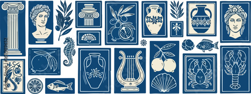 Collection of ancient greek and roman art elements isolated on transparent background