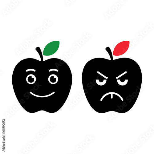 Smiling and frowning apple icons in black and white style