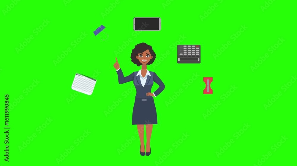 Character animation of cartoon women or teacher with office object fly around, green screen Character animation of cartoon women or teacher with office object fly around, green screen