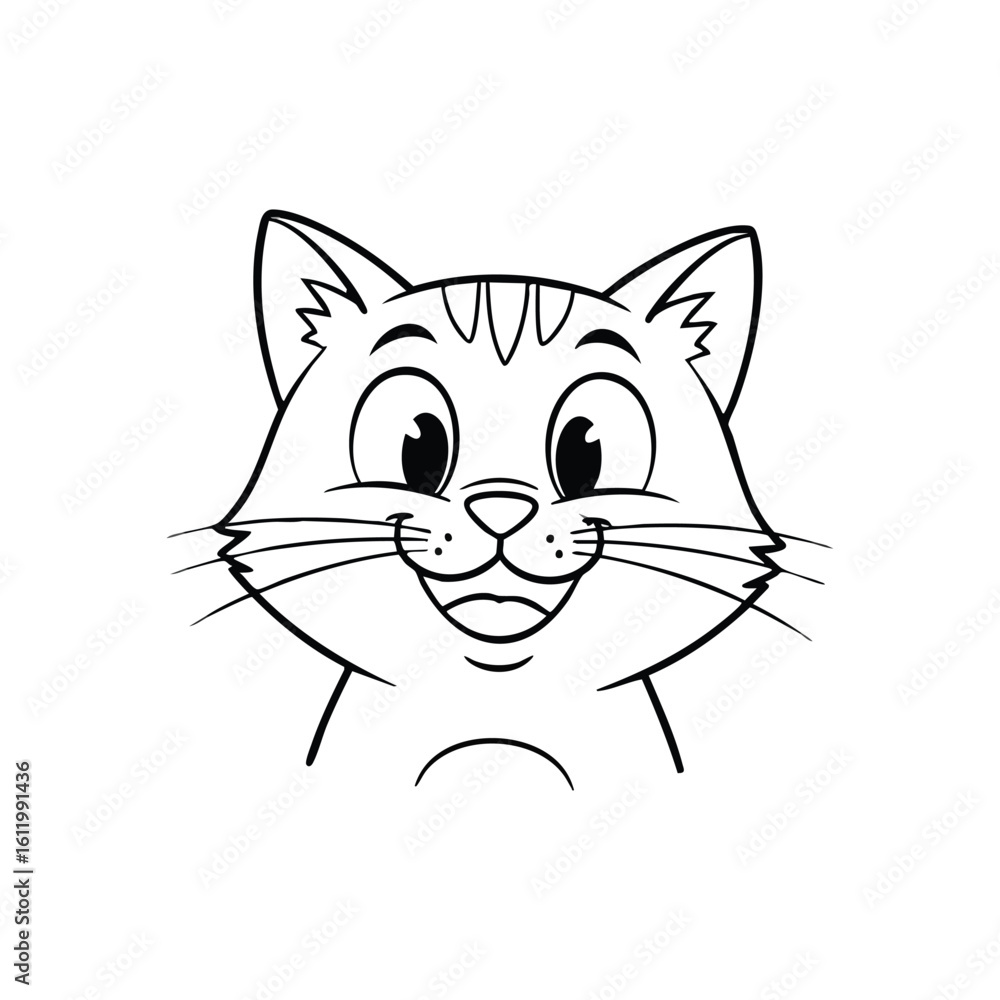 Obraz premium Happy Cartoon Cat Face Icon. A delightful black and white feline head illustration, capturing a joyful expression and curious gaze on a dark background.