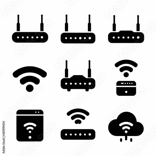 Wifi and router symbol vector icons – Great for network setup guides, tech manuals, or internet service marketing