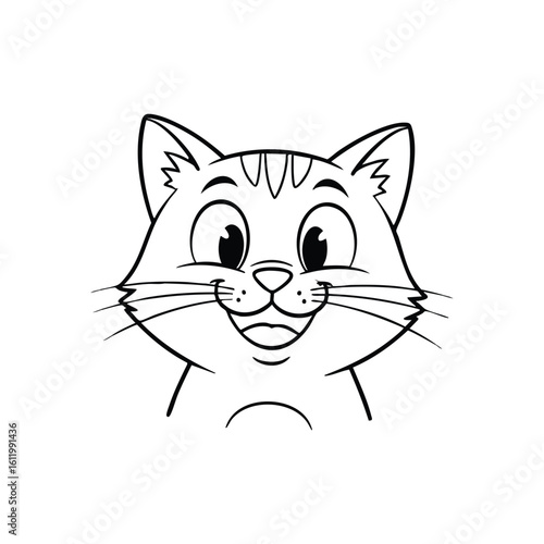 Happy Cartoon Cat Face Icon. A delightful black and white feline head illustration, capturing a joyful expression and curious gaze on a dark background.
