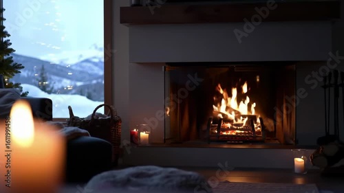 Cozy Fireplace Scene with Winter Mountain View
