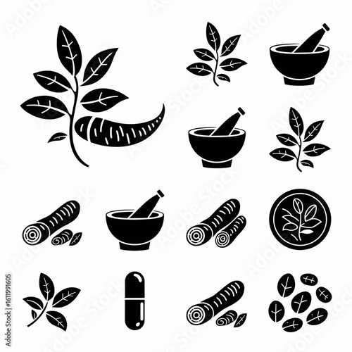 Ashwagandha icon sheet in black and white with plant, root, and tea cup