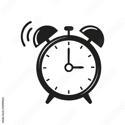 Ringing Alarm Clock Icon. This bold graphic features a monochrome timepiece sounding its call. It symbolizes punctuality, deadlines, and the start of a new day.
