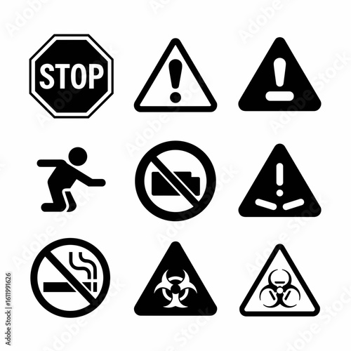 Black and white vector icons of warning signs – Perfect for safety signage, regulatory content, or public information designs