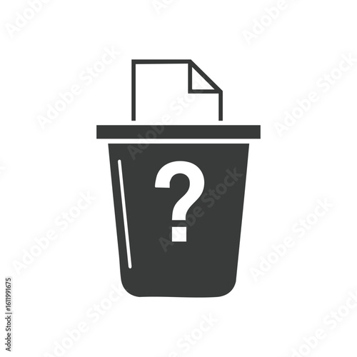 File Deletion Question Icon. A garbage bin featuring a query mark signifies uncertain data disposal or missing information. This graphic symbolizes digital dilemmas and potential irrecoverable.