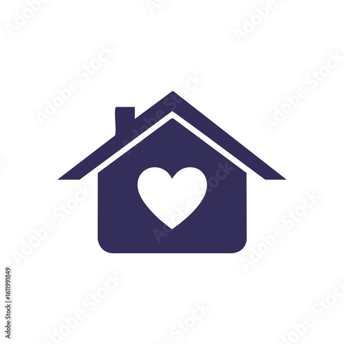 Loving Home Icon. This graphic features a cozy house outline with a pure white heart inside. It represents concepts like family warmth, shelter, and compassion. Perfect for real estate or community.
