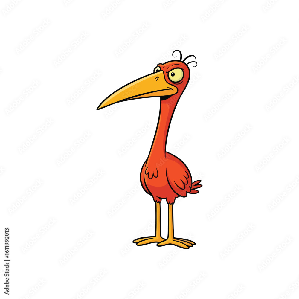 Obraz premium Skeptical Cartoon Bird Character. A comical avian creature with a long orange bill and displeased expression. This feathered character embodies skepticism and comical annoyance.