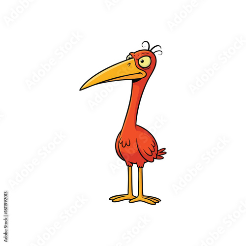 Skeptical Cartoon Bird Character. A comical avian creature with a long orange bill and displeased expression. This feathered character embodies skepticism and comical annoyance.